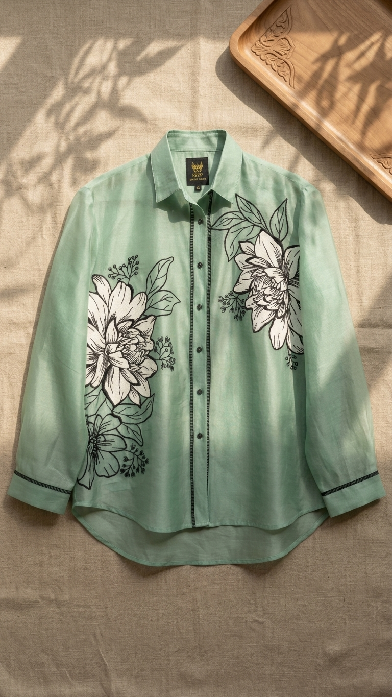 Women’s Sheer Organza Front Open Collared turquoise green Shirt