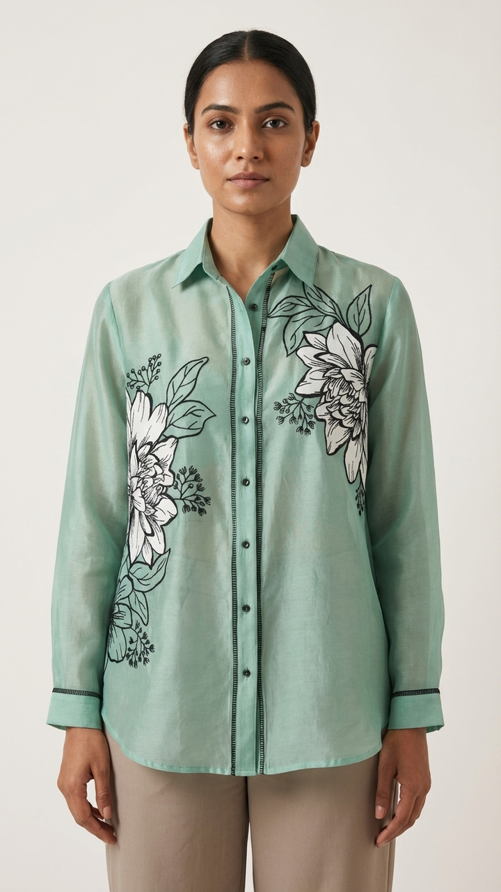 Women’s Sheer Organza Front Open Collared turquoise green Shirt