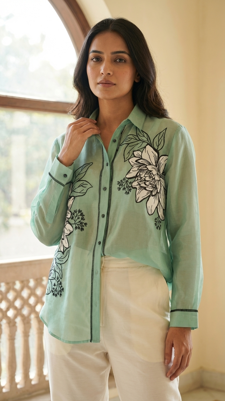 Women’s Sheer Organza Front Open Collared turquoise green Shirt