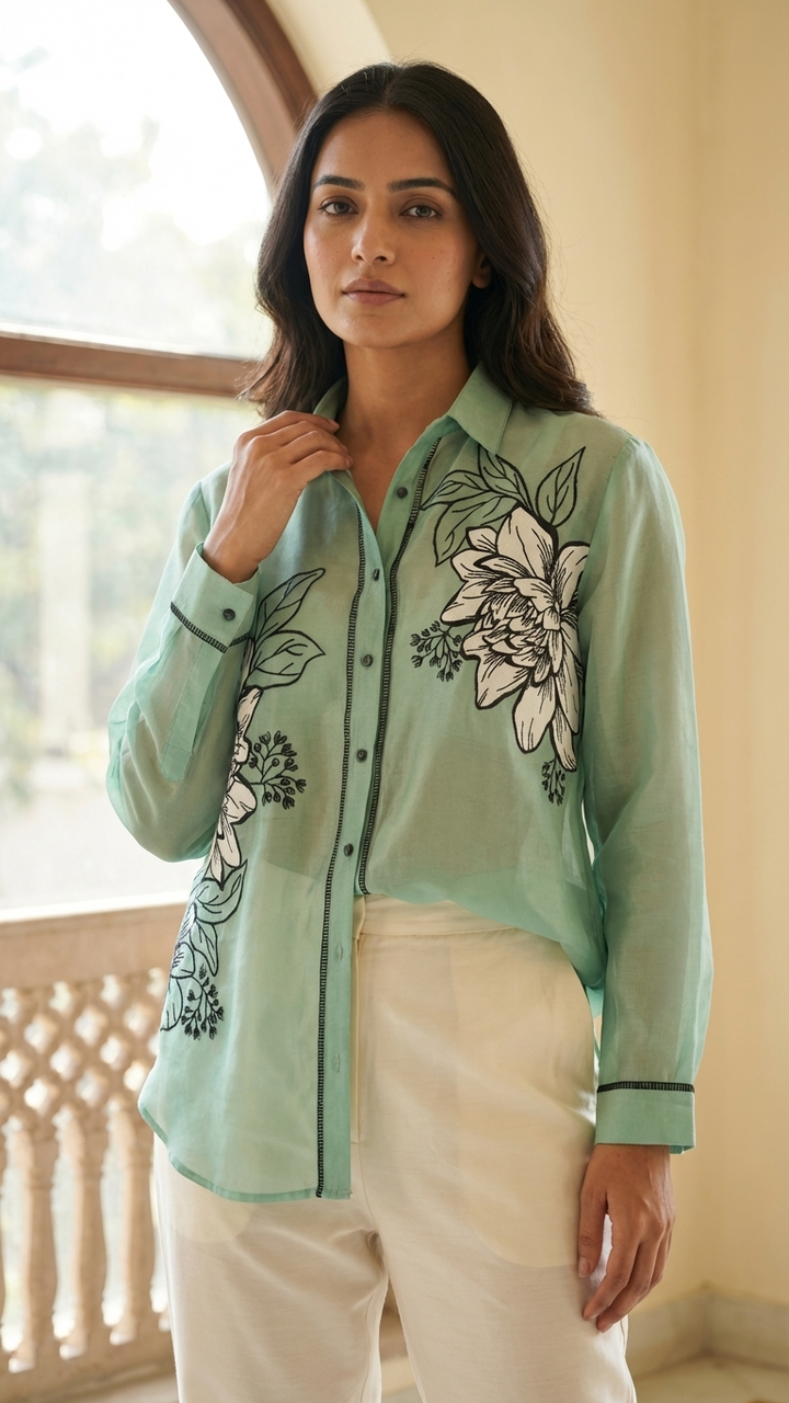Women’s Sheer Organza Front Open Collared turquoise green Shirt