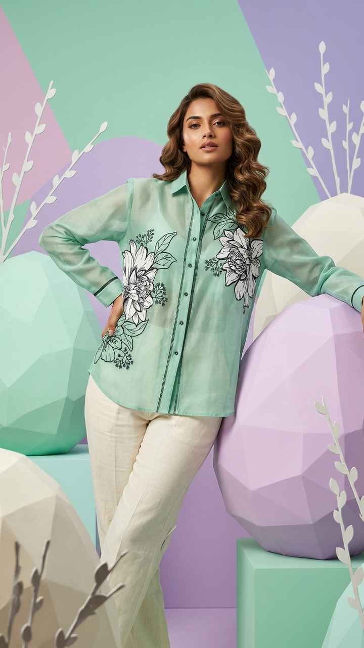 Women’s Sheer Organza Front Open Collared turquoise green Shirt