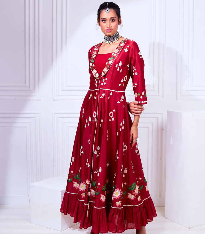 Red Pichwai Anarkali Gown