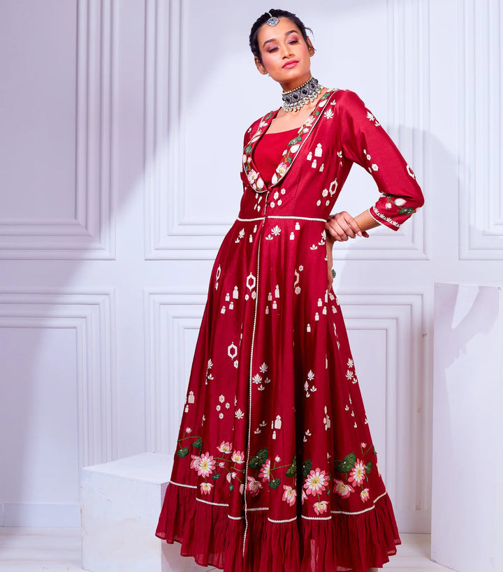 Red Pichwai Anarkali Gown
