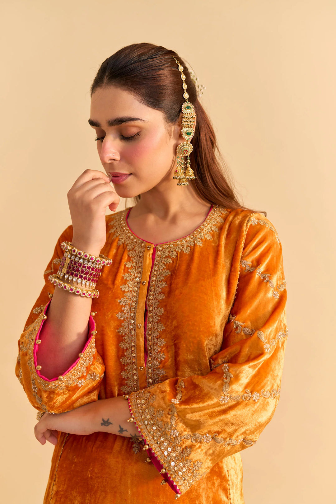 Azmiya - velvet Orange Chauga with Salwar