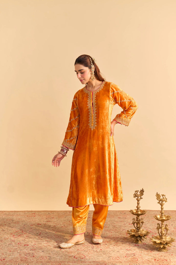 Azmiya - velvet Orange Chauga with Salwar