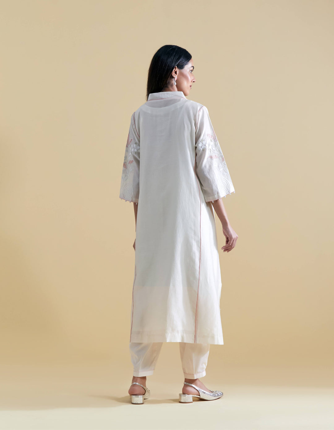Appliquéd Organza Embroidery in Pink on Ivory Chanderi Kurta Set