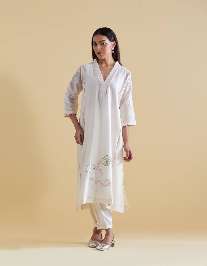 Appliquéd Organza Embroidery in Pink on Ivory Chanderi Kurta Set