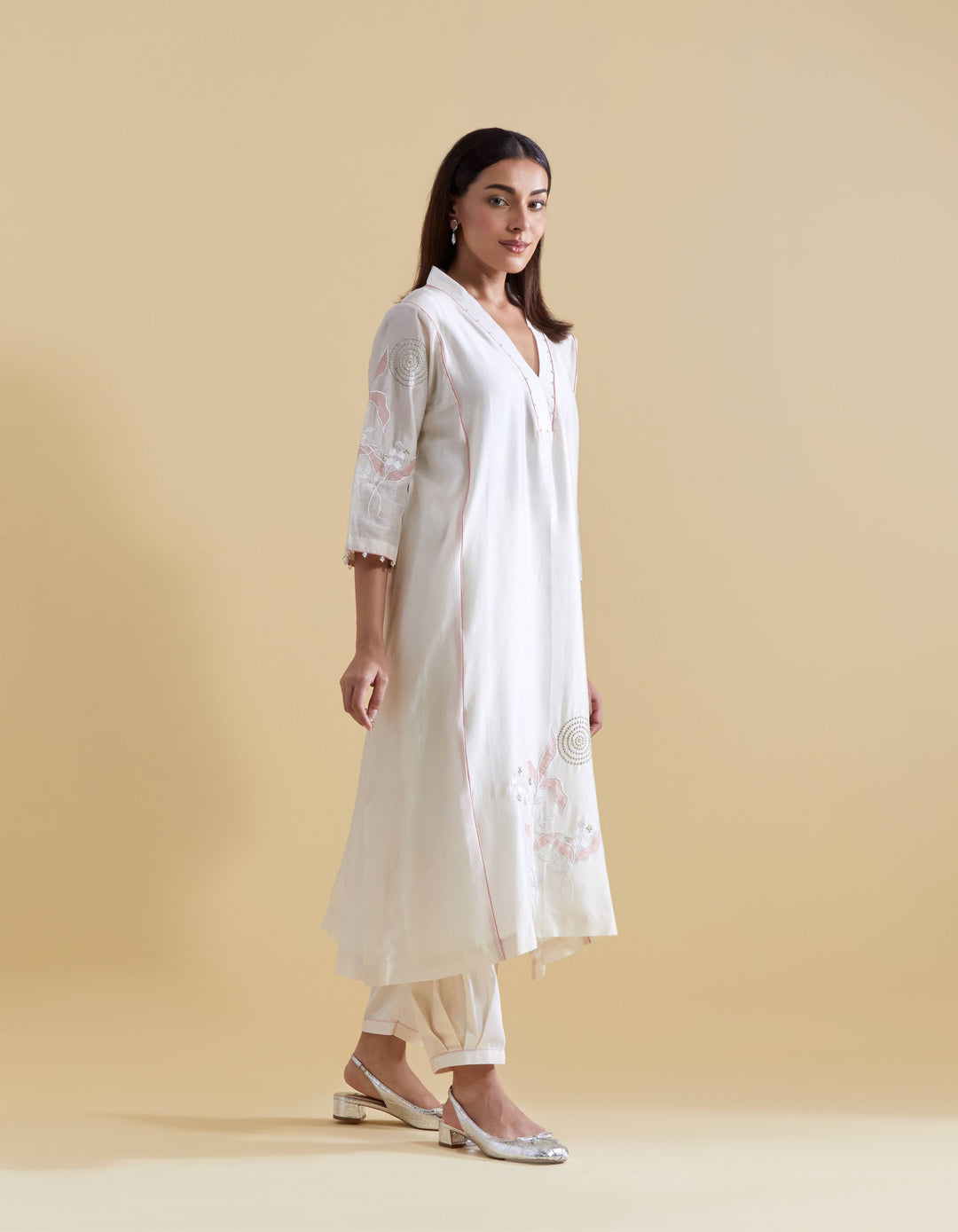 Appliquéd Organza Embroidery in Pink on Ivory Chanderi Kurta Set