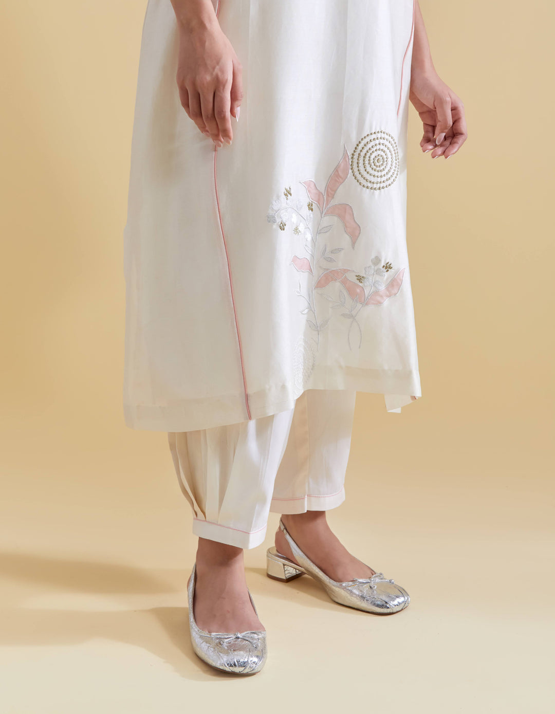 Appliquéd Organza Embroidery in Pink on Ivory Chanderi Kurta Set