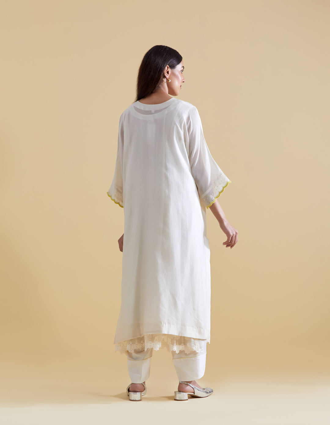 Ivory Kurta Set in Chanderi Floral Embroidery in Ivory and Lime