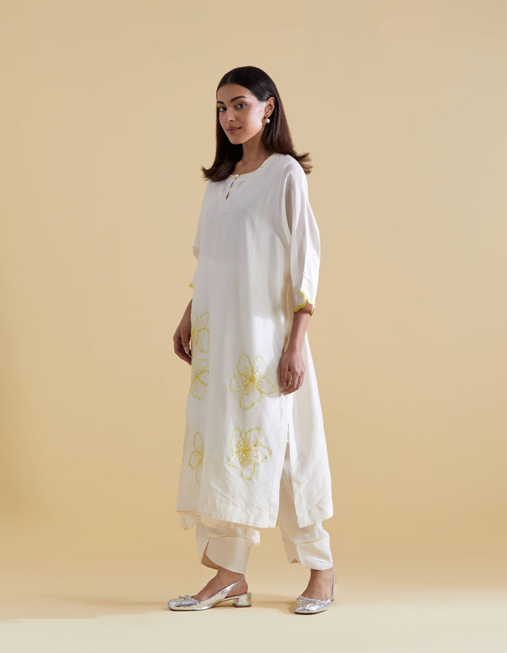 Ivory Kurta Set in Chanderi Floral Embroidery in Ivory and Lime