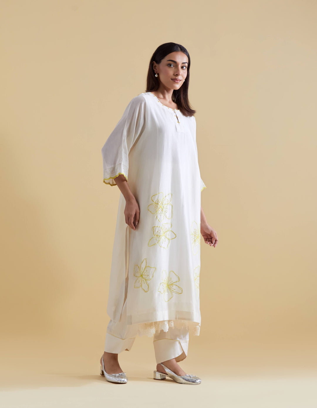 Ivory Kurta Set in Chanderi Floral Embroidery in Ivory and Lime