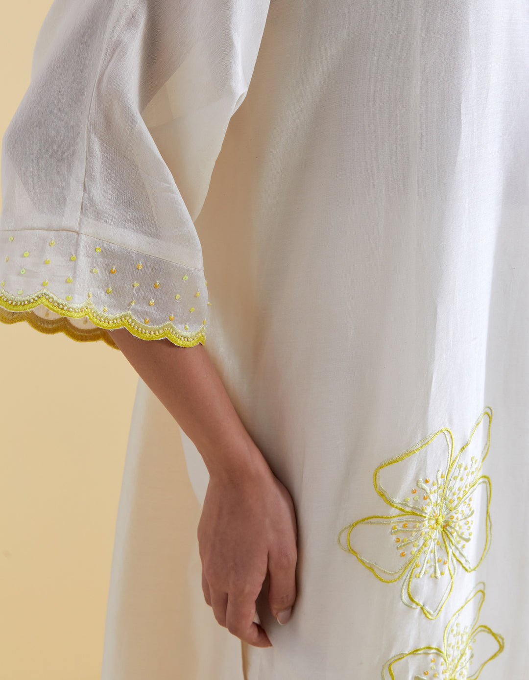 Ivory Kurta Set in Chanderi Floral Embroidery in Ivory and Lime