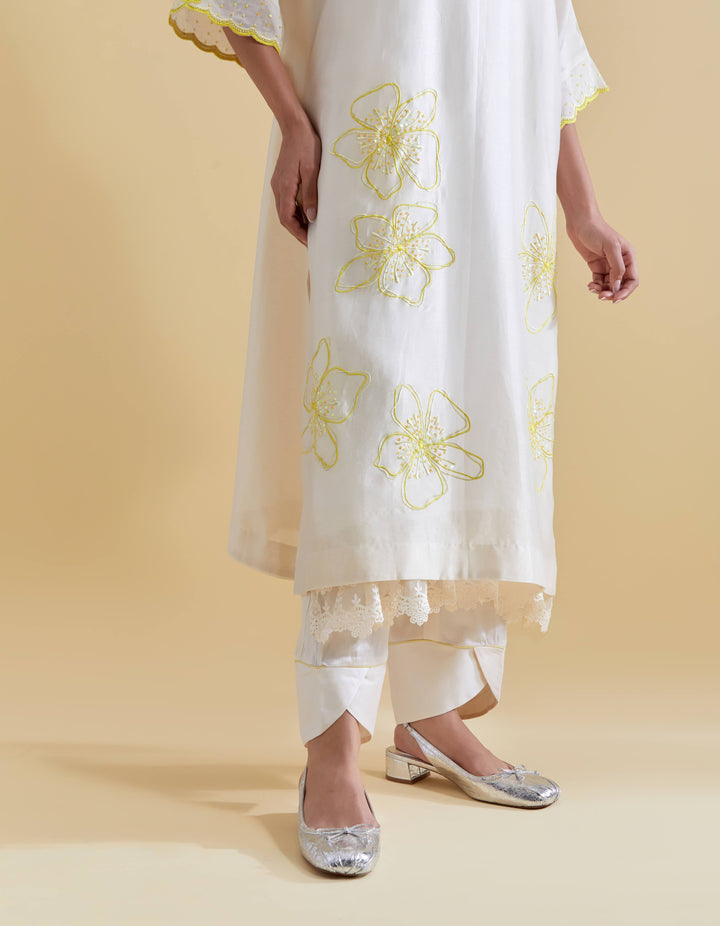 Ivory Kurta Set in Chanderi Floral Embroidery in Ivory and Lime