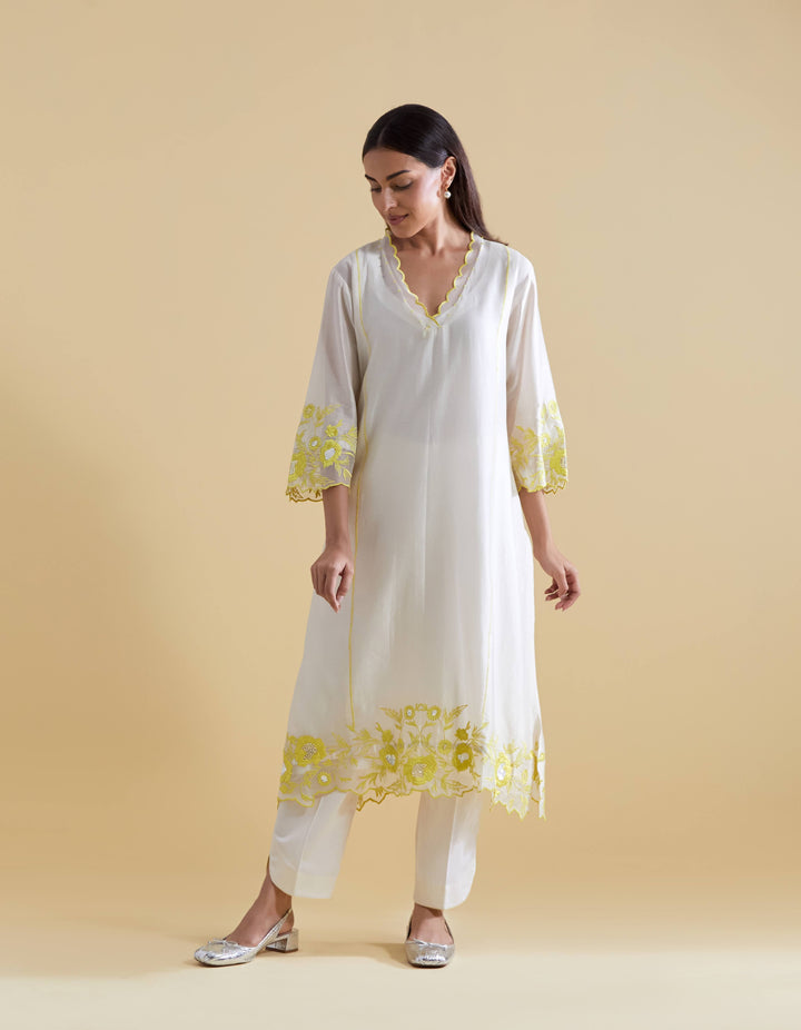 Ivory V Scallopped Neck Kurta Set with Floral Thread Embroidery in Lime