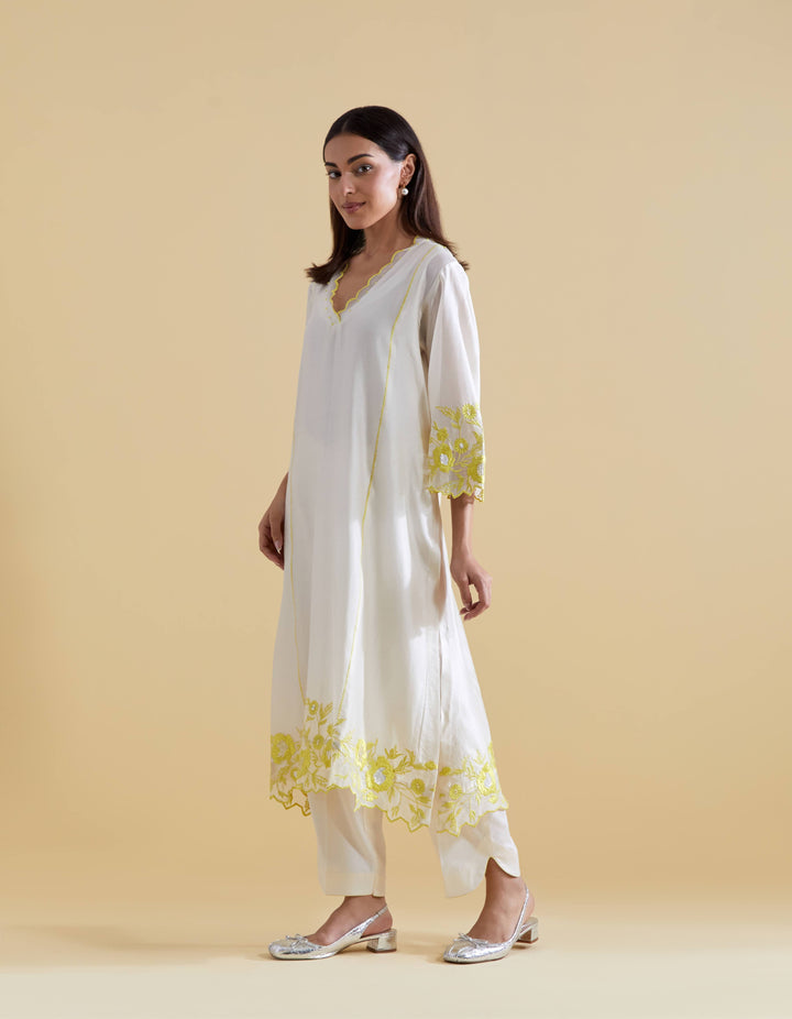 Ivory V Scallopped Neck Kurta Set with Floral Thread Embroidery in Lime