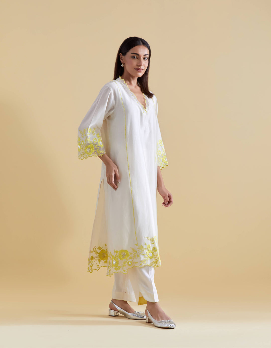 Ivory V Scallopped Neck Kurta Set with Floral Thread Embroidery in Lime