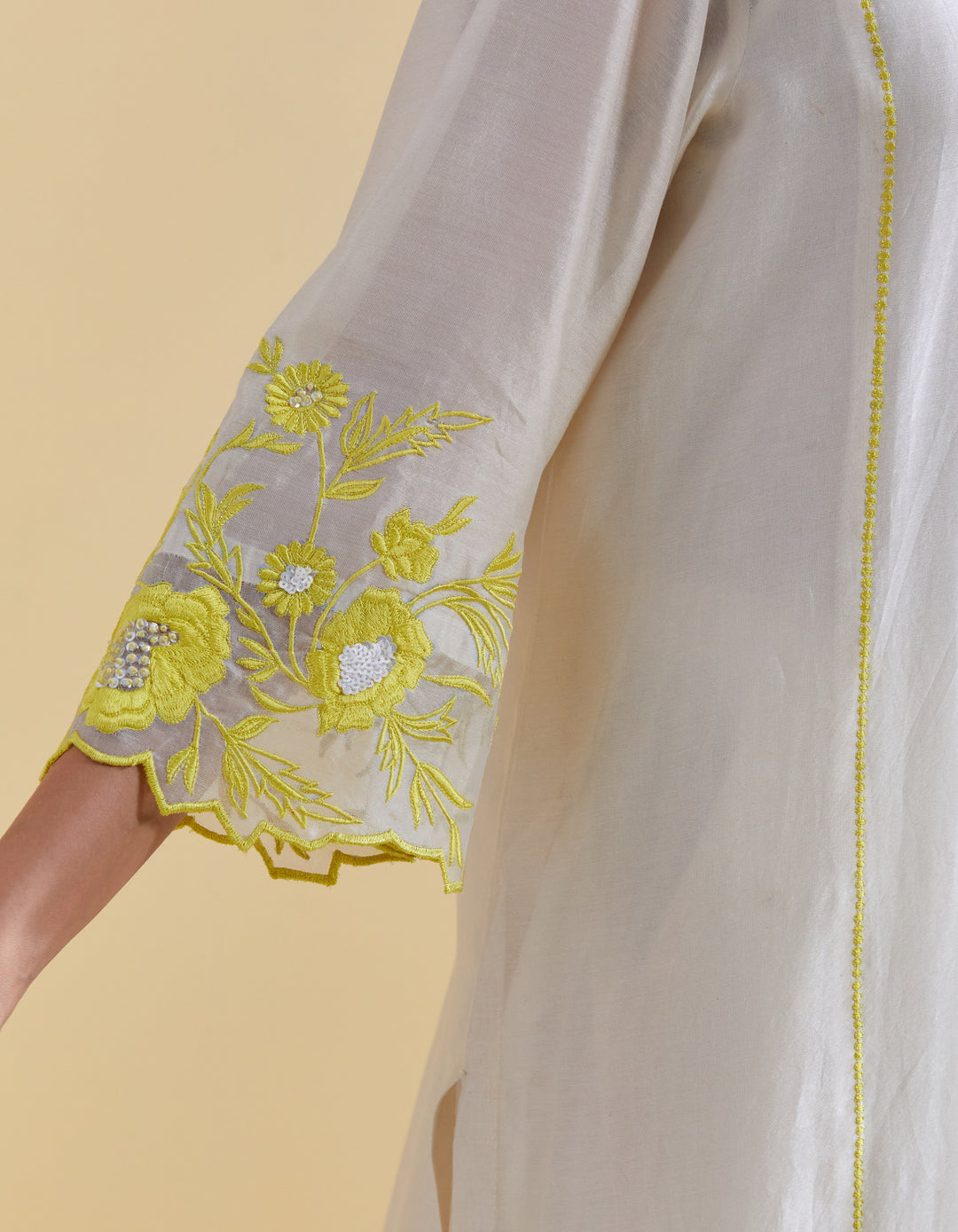 Ivory V Scallopped Neck Kurta Set with Floral Thread Embroidery in Lime