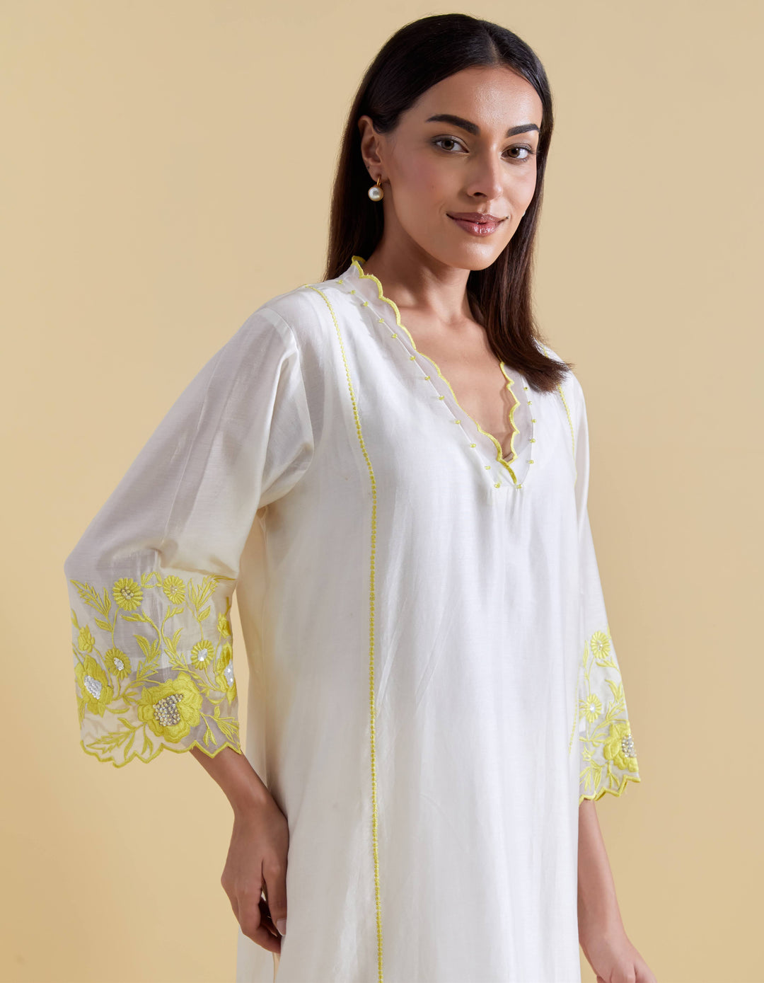 Ivory V Scallopped Neck Kurta Set with Floral Thread Embroidery in Lime