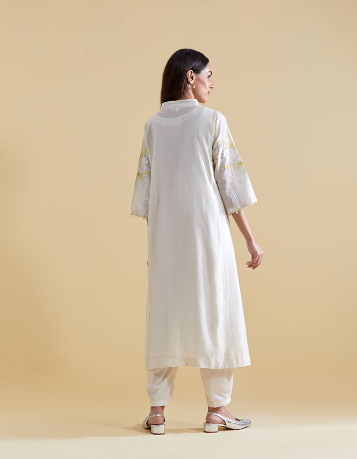Appliquéd Organza Embroidery in Lime on Ivory Chanderi Kurta Set
