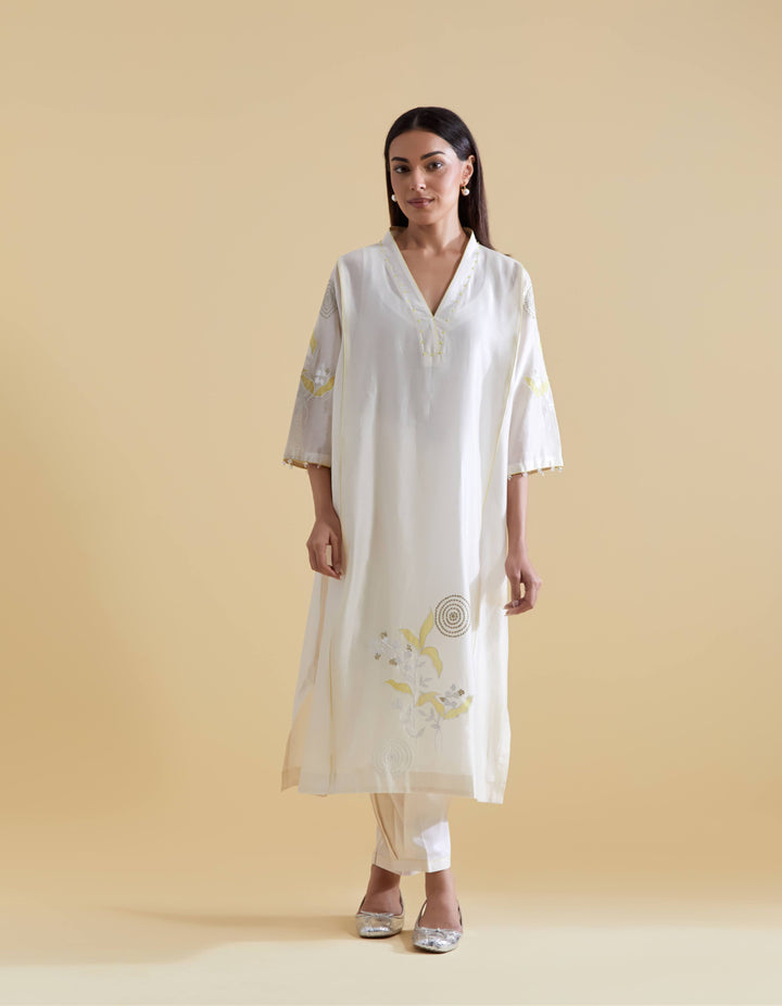 Appliquéd Organza Embroidery in Lime on Ivory Chanderi Kurta Set