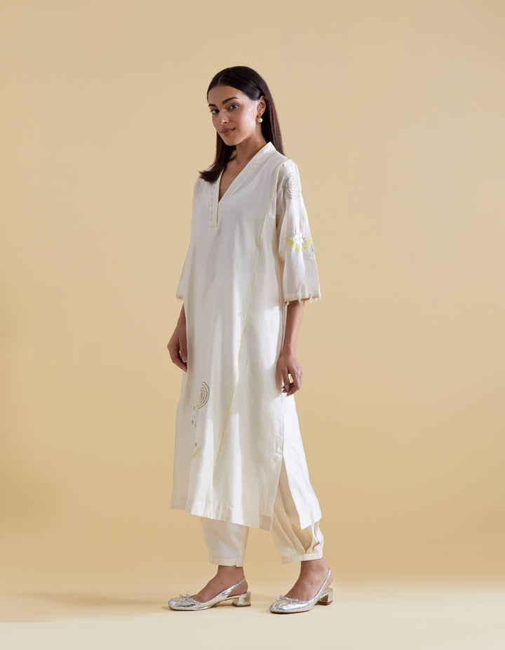 Appliquéd Organza Embroidery in Lime on Ivory Chanderi Kurta Set
