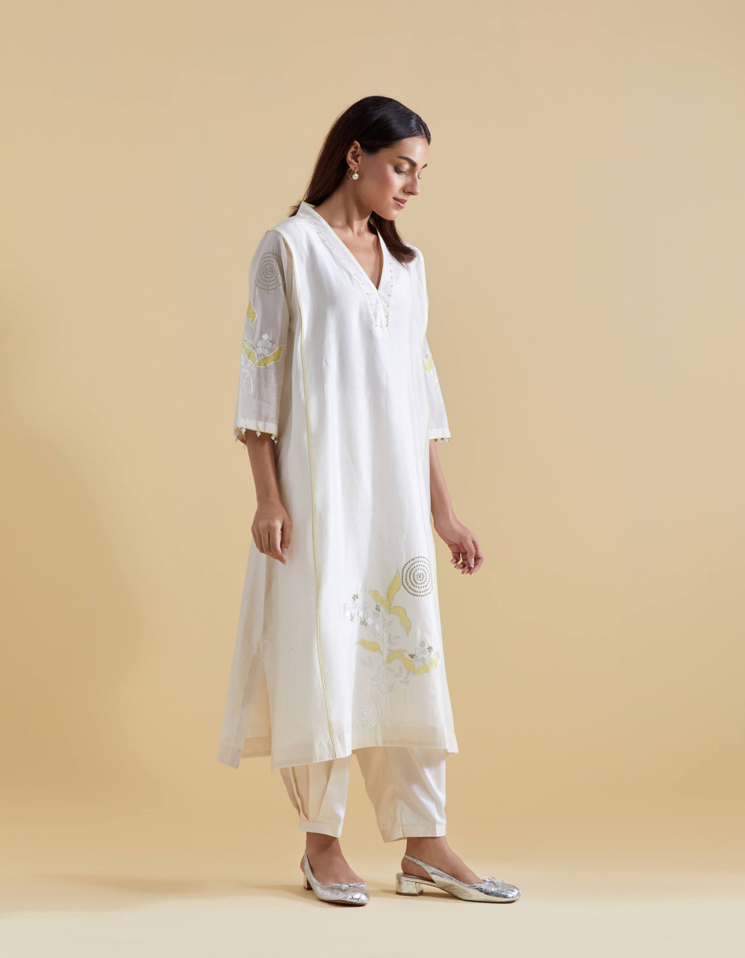 Appliquéd Organza Embroidery in Lime on Ivory Chanderi Kurta Set