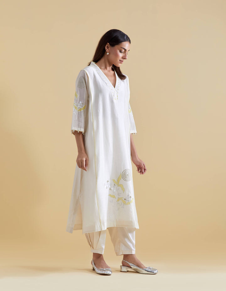 Appliquéd Organza Embroidery in Lime on Ivory Chanderi Kurta Set