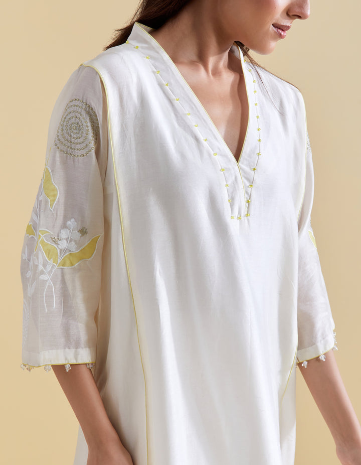 Appliquéd Organza Embroidery in Lime on Ivory Chanderi Kurta Set