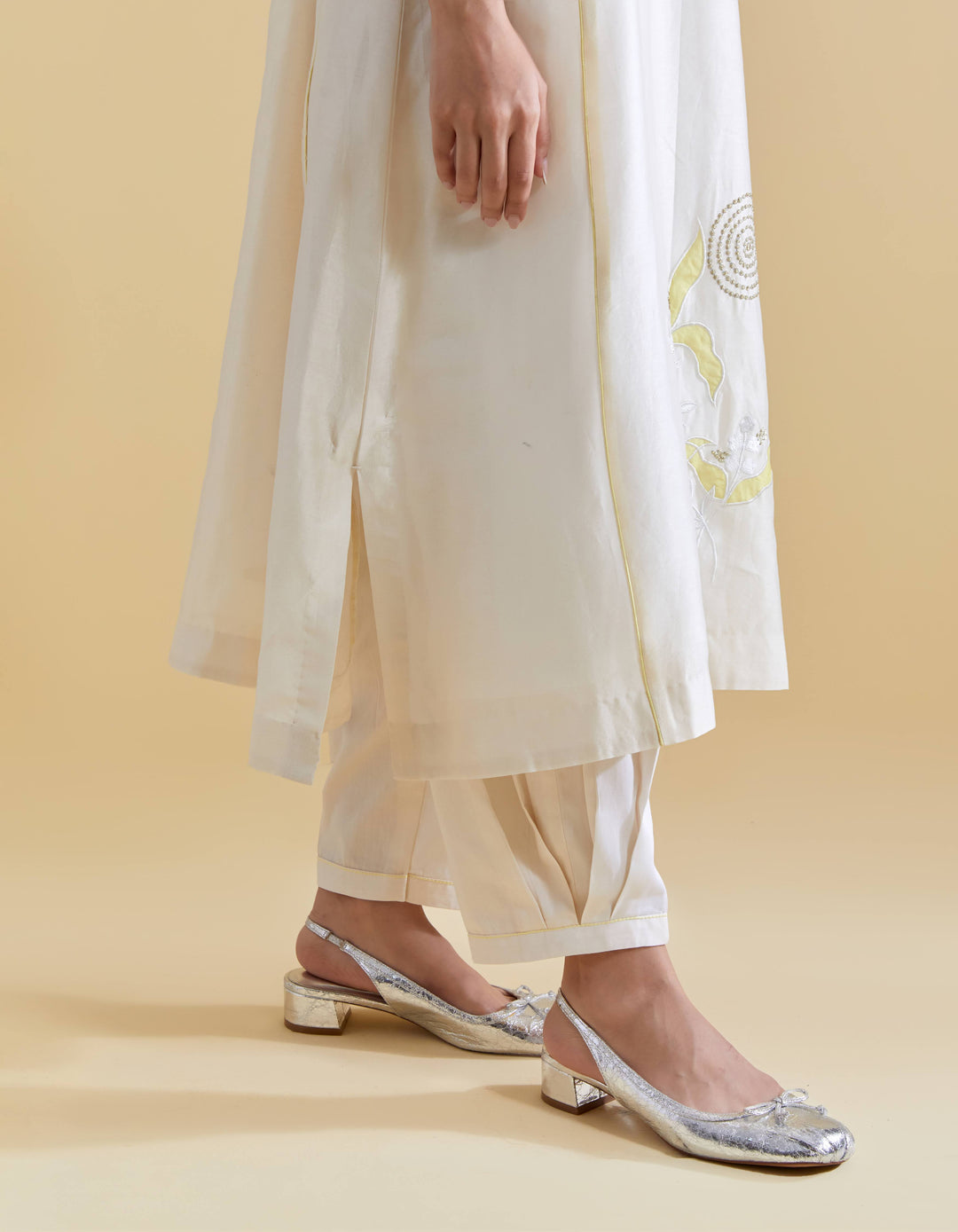 Appliquéd Organza Embroidery in Lime on Ivory Chanderi Kurta Set
