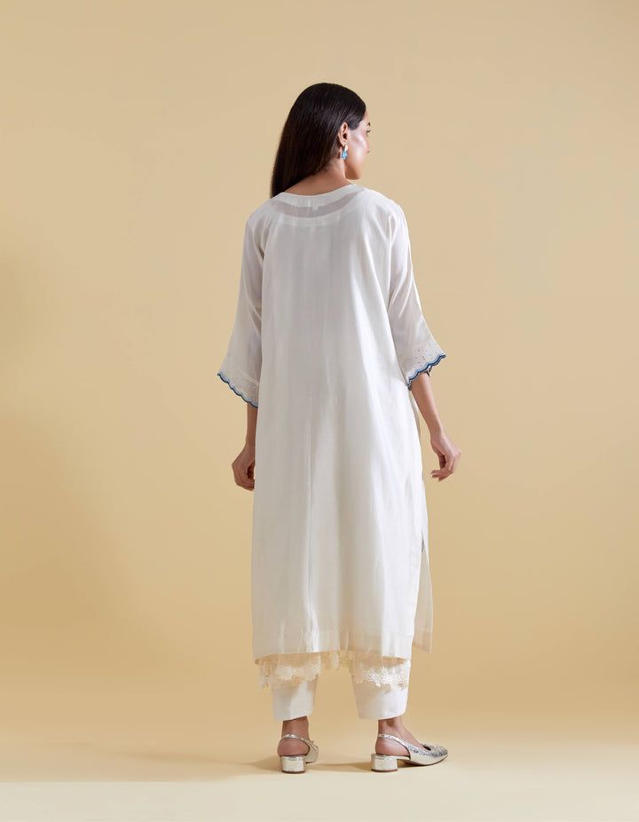 Ivory Kurta Set in Chanderi Floral Embroidery in Ivory and Blue