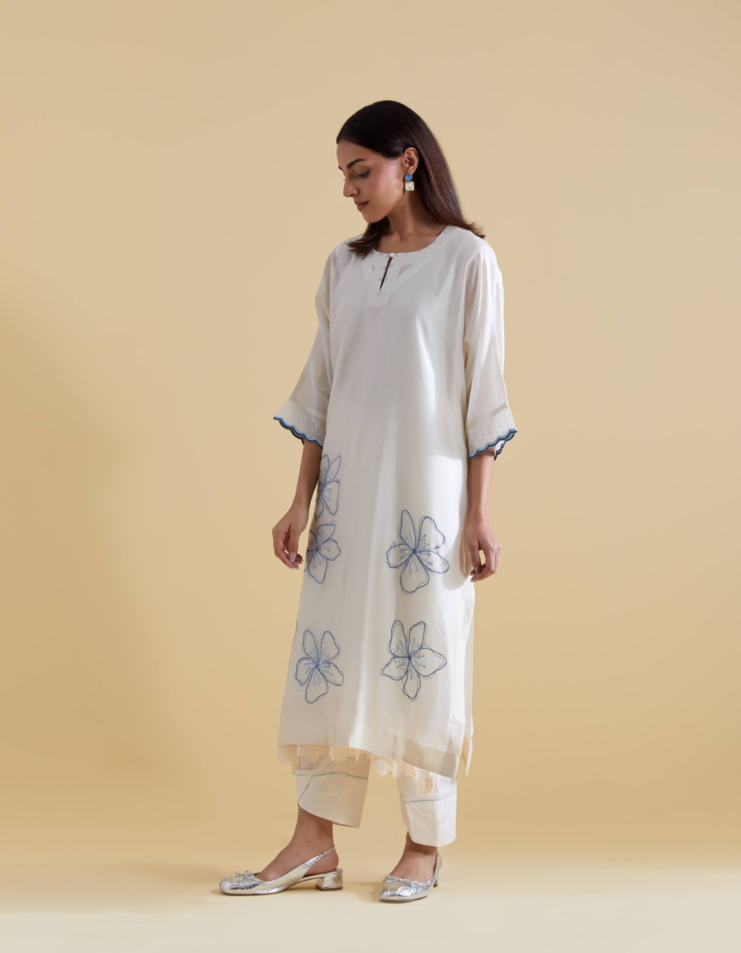 Ivory Kurta Set in Chanderi Floral Embroidery in Ivory and Blue