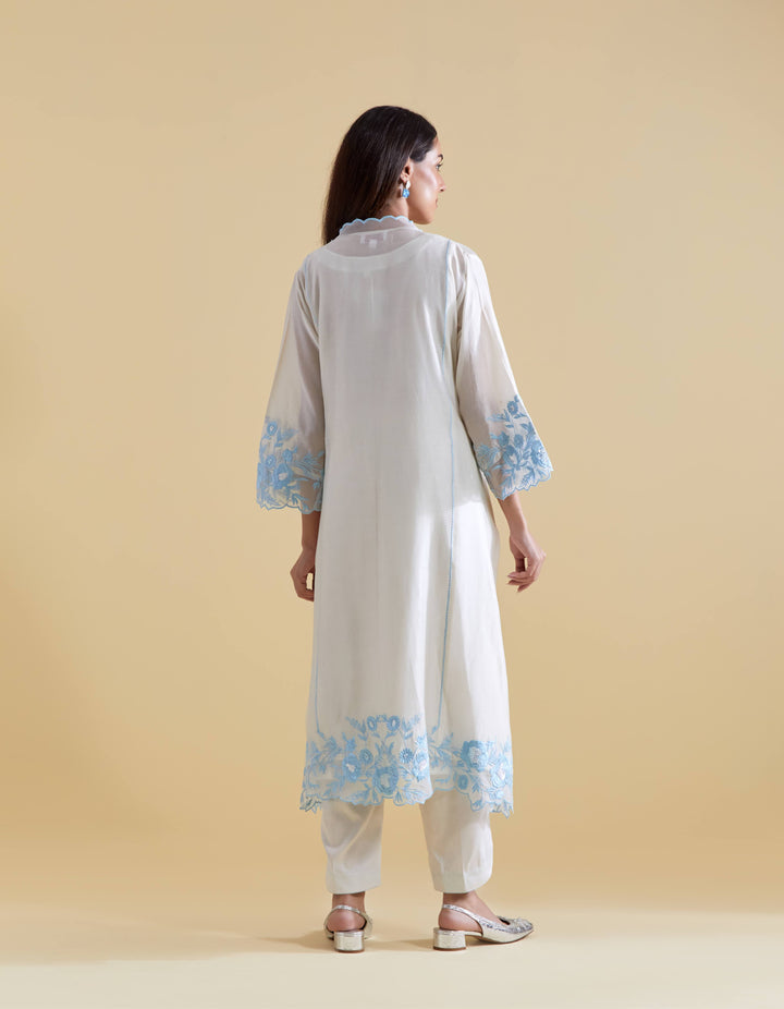 Ivory V Scallopped Neck Kurta Set with Floral Thread Embroidery in Blue