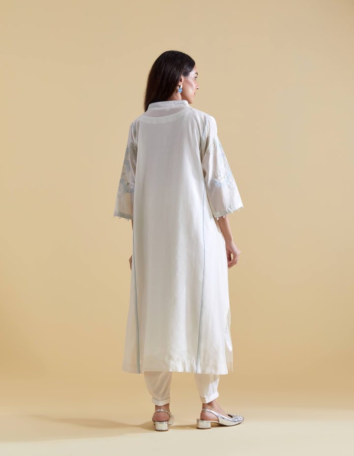 Appliquéd Organza Embroidery in Blue  on Ivory Chanderi Kurta Set
