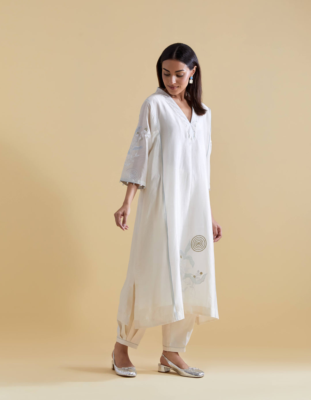 Appliquéd Organza Embroidery in Blue  on Ivory Chanderi Kurta Set