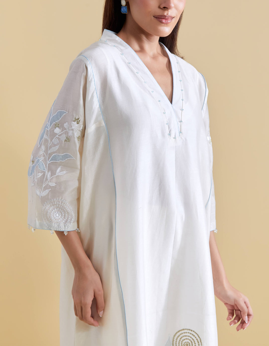 Appliquéd Organza Embroidery in Blue  on Ivory Chanderi Kurta Set