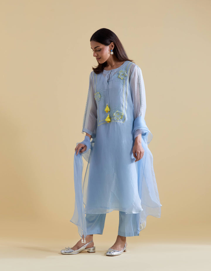 Sky Blue 3D Floral Kurta and Pants Set