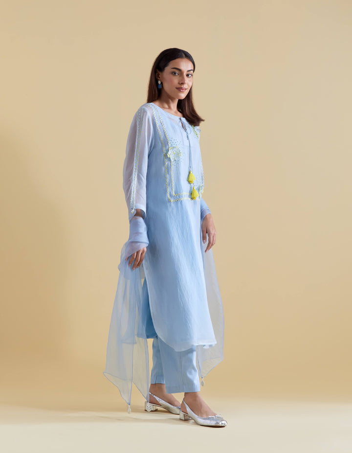 Sky Blue 3D Floral Kurta and Pants Set