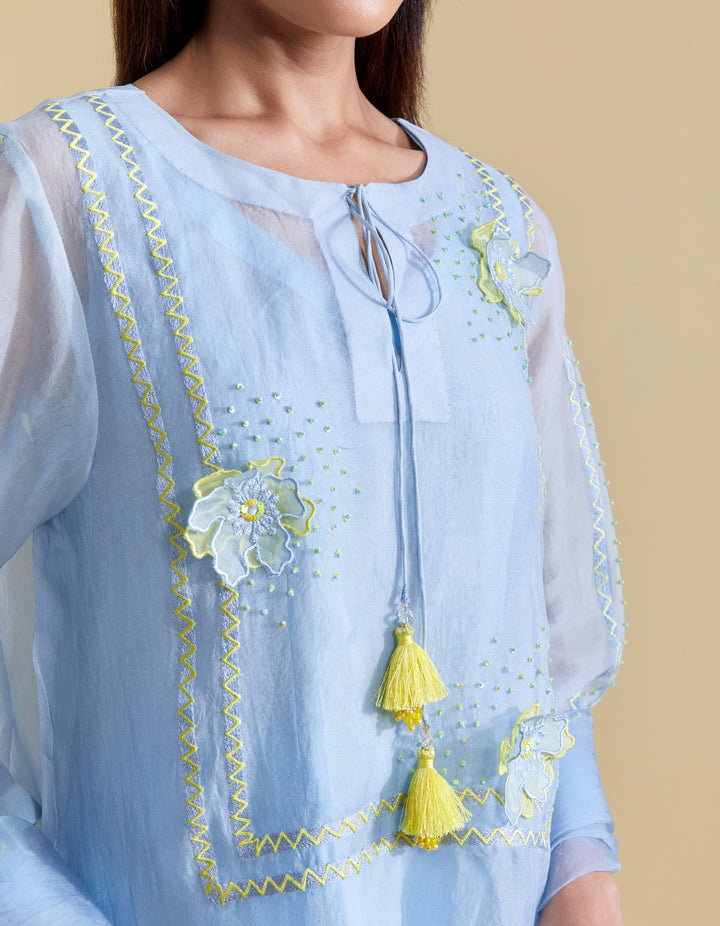 Sky Blue 3D Floral Kurta and Pants Set