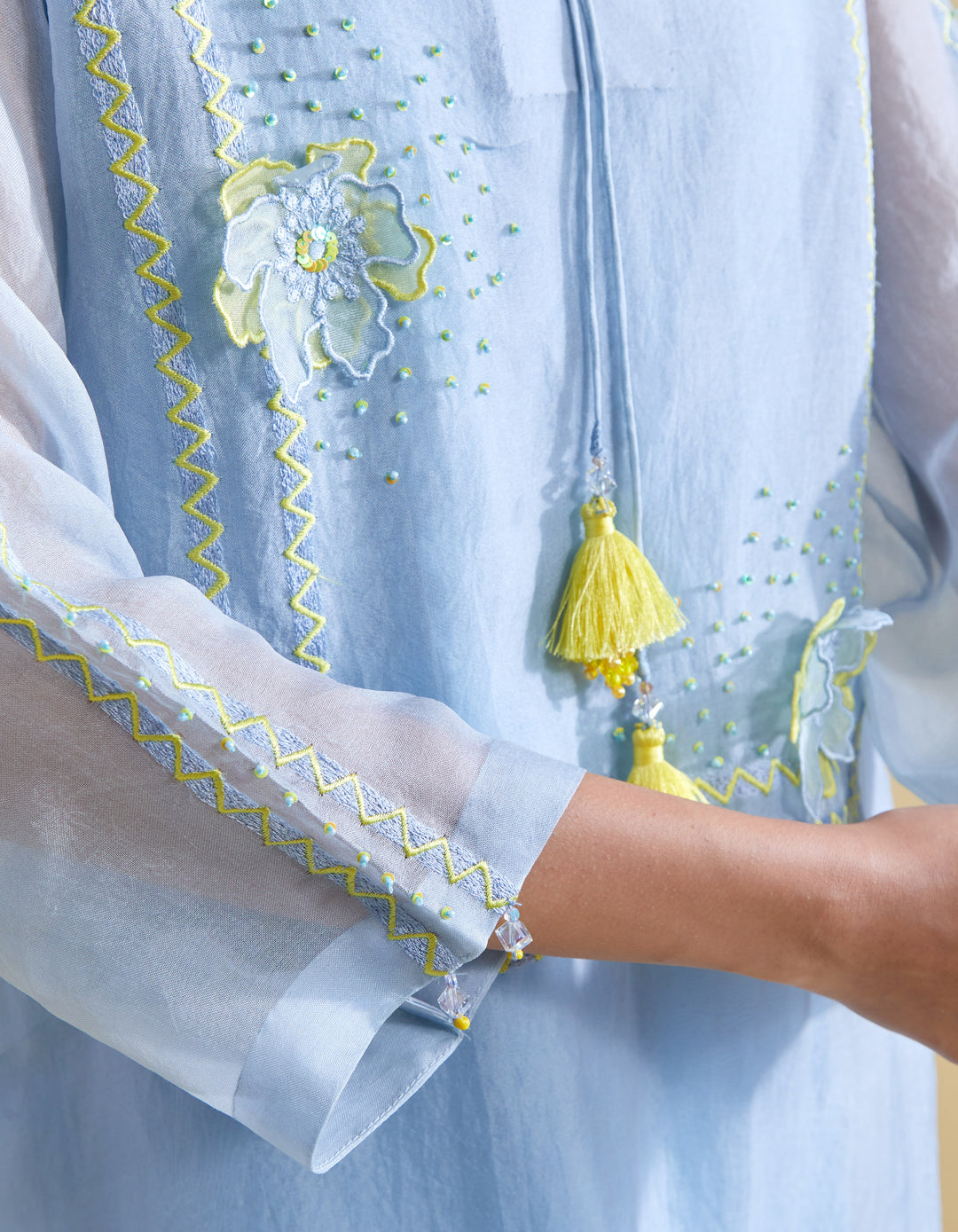 Sky Blue 3D Floral Kurta and Pants Set