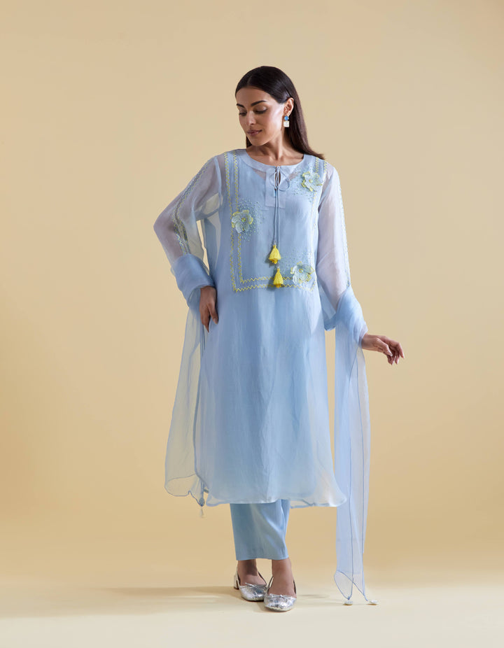 Sky Blue 3D Floral Kurta and Pants Set