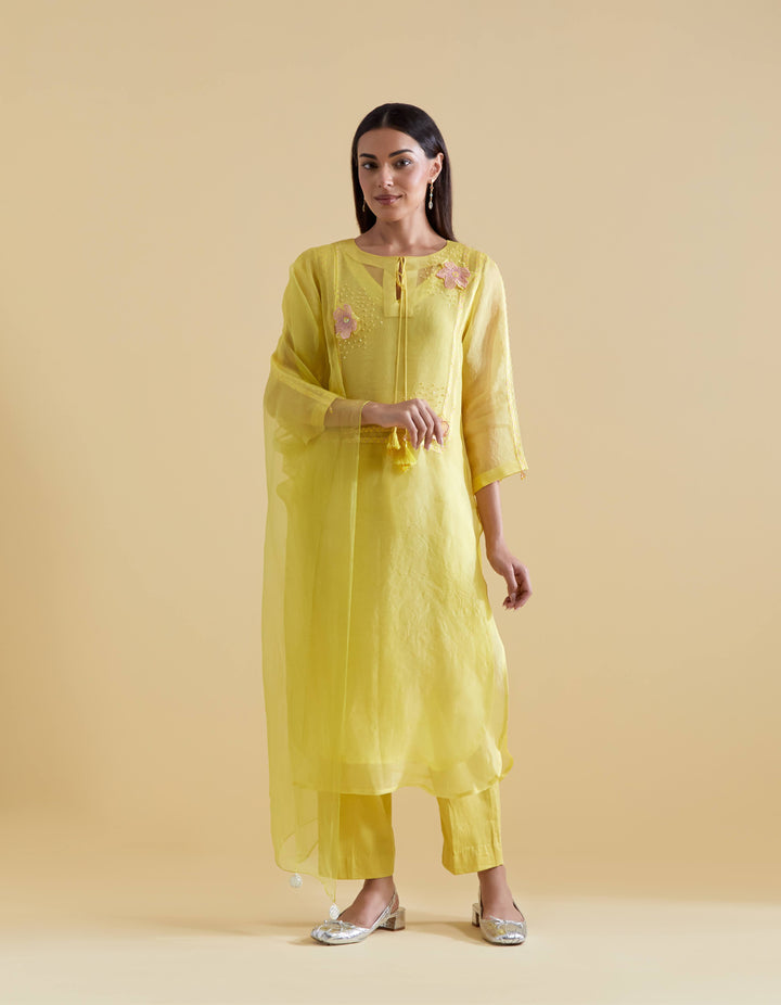 Lemon 3D Floral Kurta and Pants Set