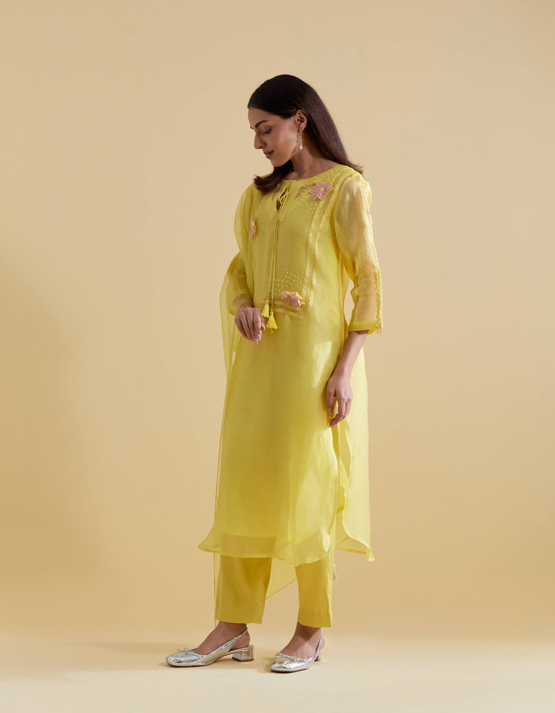 Lemon 3D Floral Kurta and Pants Set