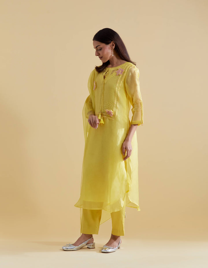 Lemon 3D Floral Kurta and Pants Set