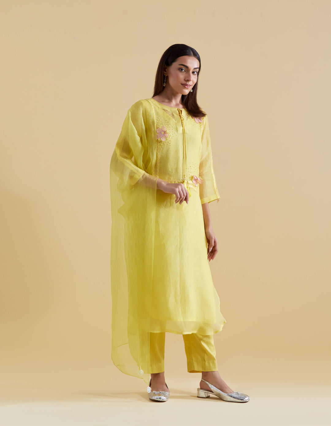 Lemon 3D Floral Kurta and Pants Set