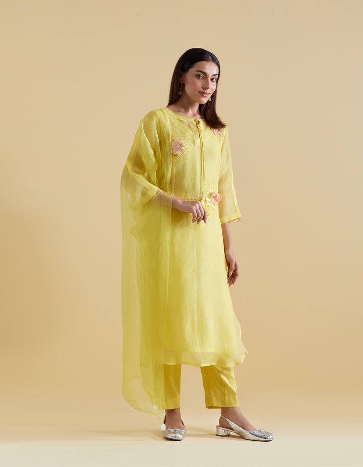 Lemon 3D Floral Kurta and Pants Set