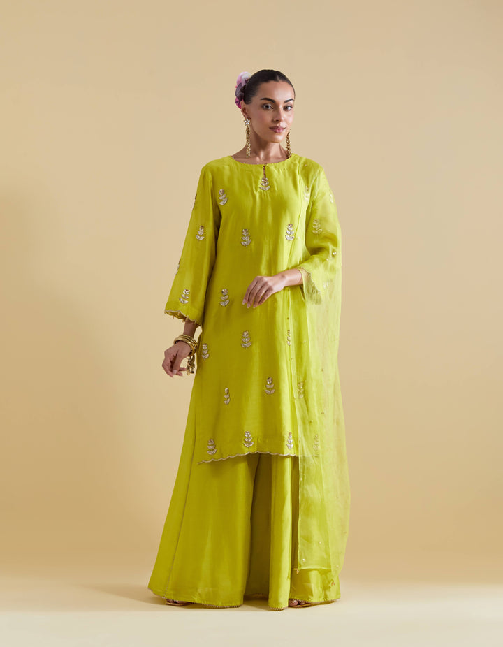 Lime Hand Embroidered Kurta and Sharara Set