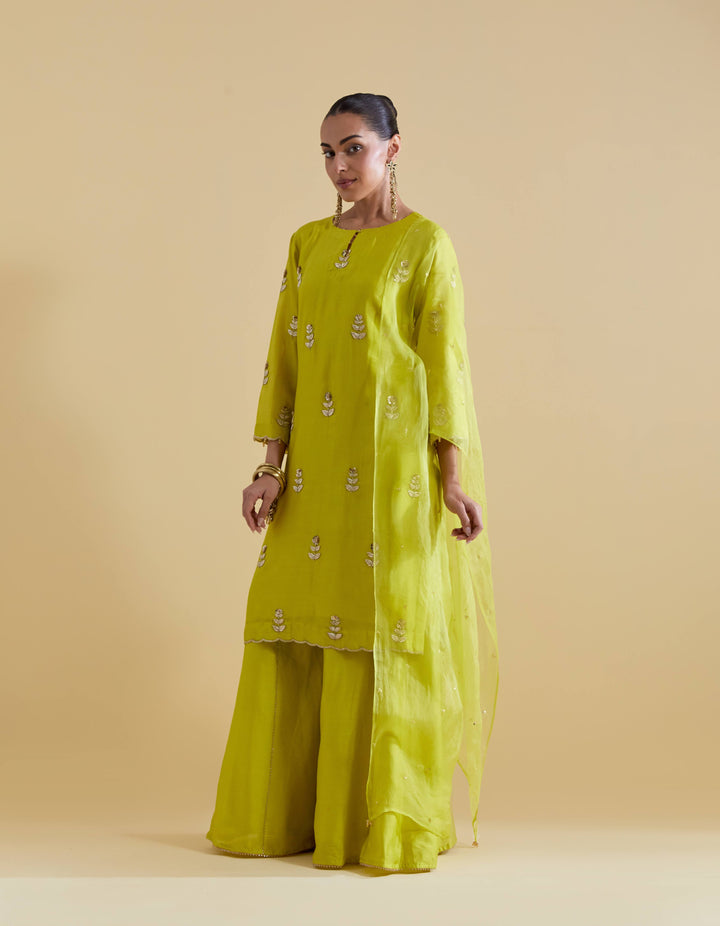 Lime Hand Embroidered Kurta and Sharara Set