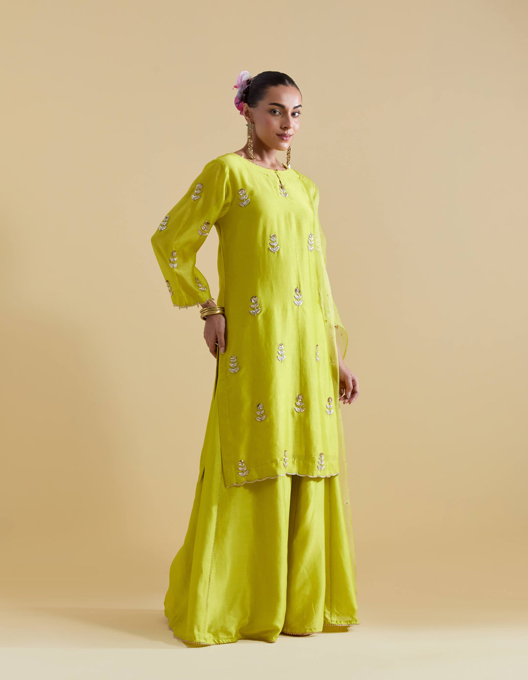 Lime Hand Embroidered Kurta and Sharara Set