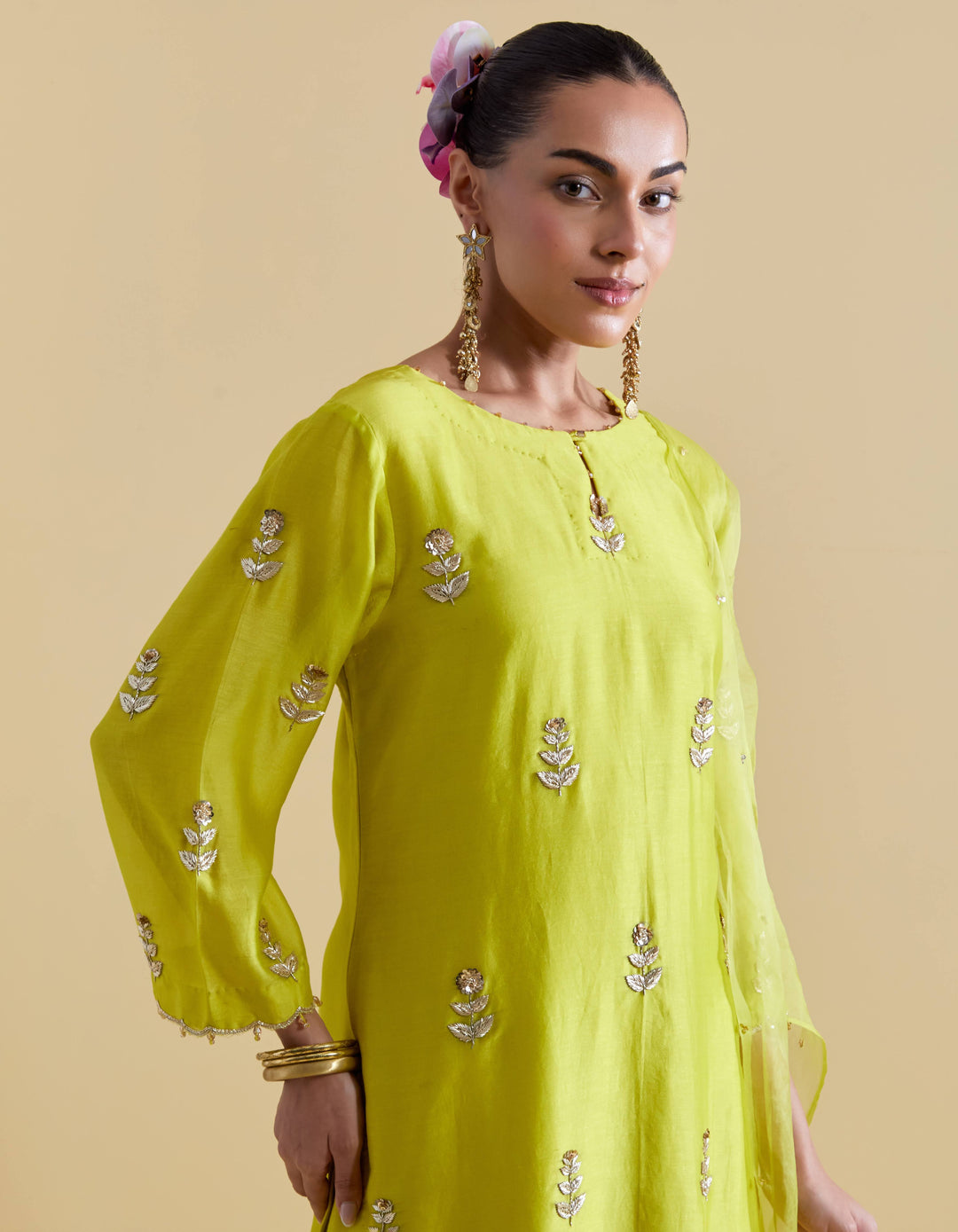 Lime Hand Embroidered Kurta and Sharara Set